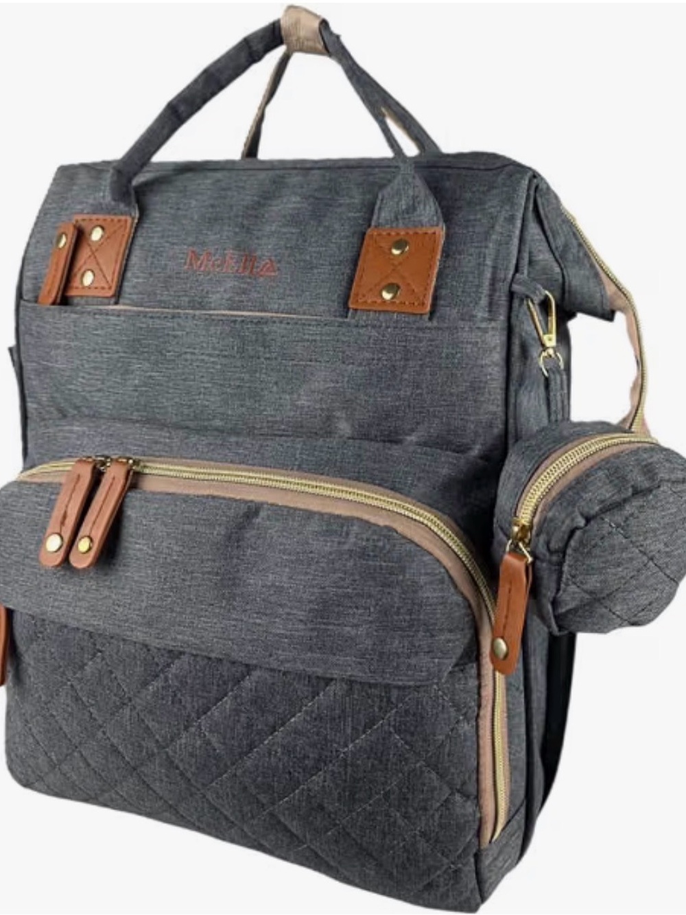 Gray Quilted Baby Diaper Backpack with Brown Accents